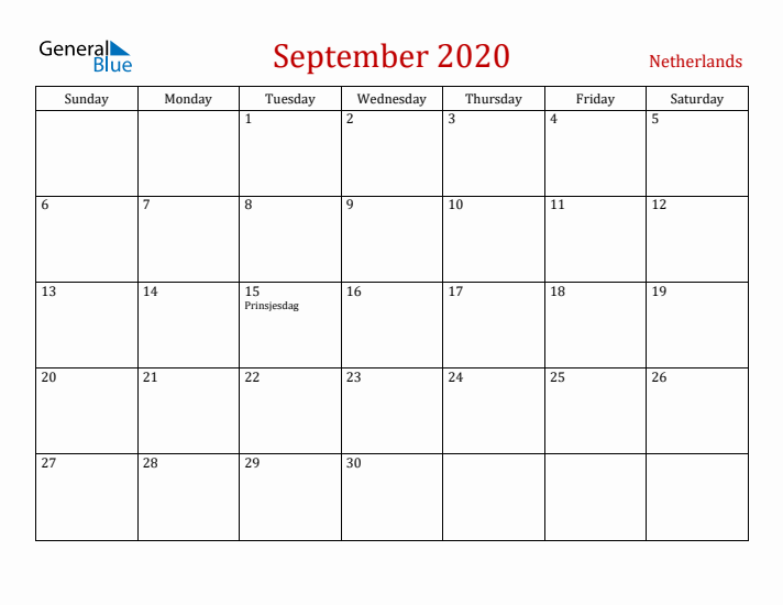 The Netherlands September 2020 Calendar - Sunday Start