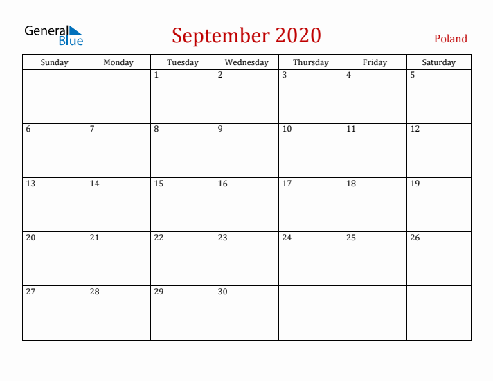 Poland September 2020 Calendar - Sunday Start