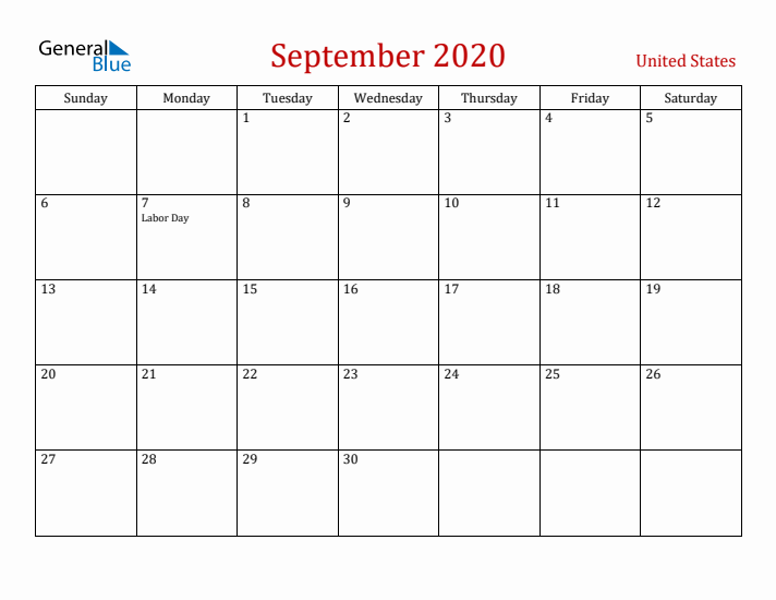 United States September 2020 Calendar - Sunday Start