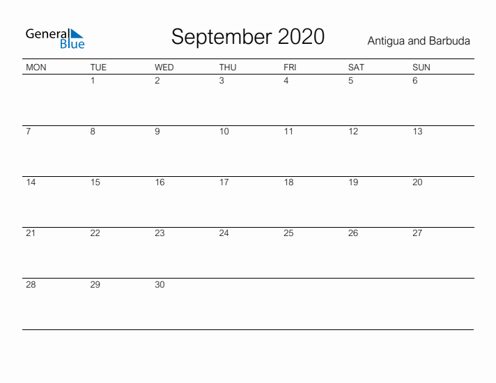 Printable September 2020 Calendar for Antigua and Barbuda