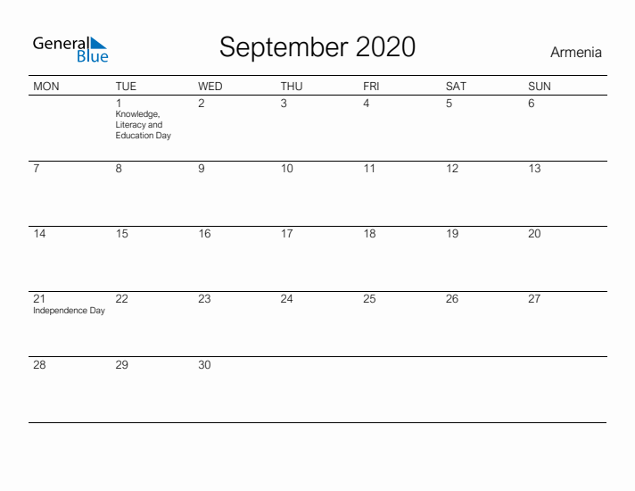 Printable September 2020 Calendar for Armenia