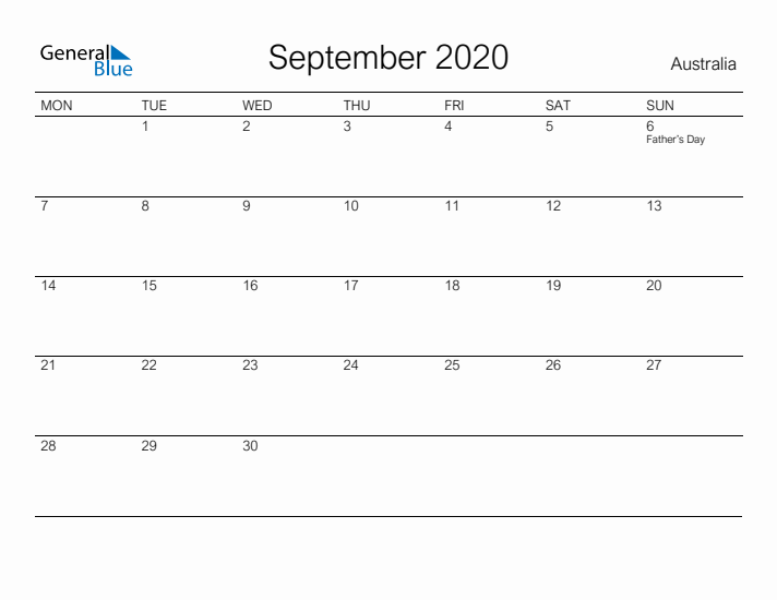 Printable September 2020 Calendar for Australia