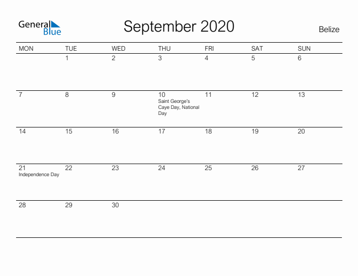 Printable September 2020 Calendar for Belize