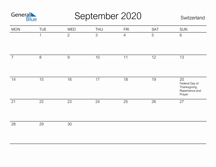 Printable September 2020 Calendar for Switzerland