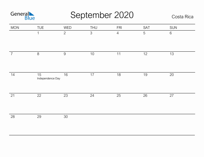 Printable September 2020 Calendar for Costa Rica