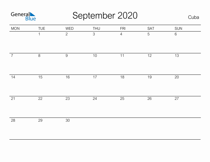 Printable September 2020 Calendar for Cuba