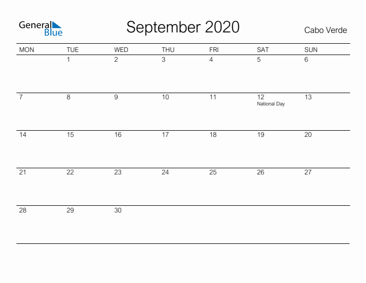 Printable September 2020 Calendar for Cabo Verde