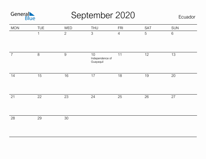 Printable September 2020 Calendar for Ecuador