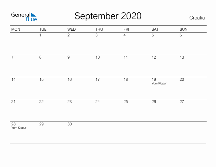 Printable September 2020 Calendar for Croatia