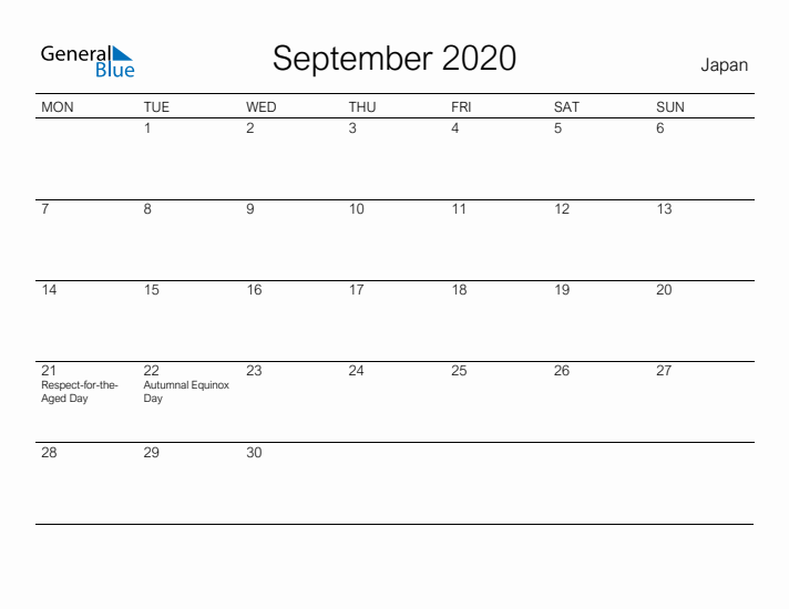 Printable September 2020 Calendar for Japan