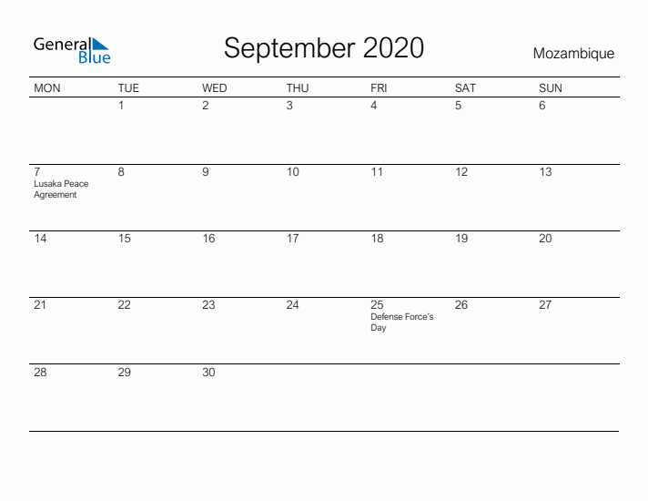 Printable September 2020 Calendar for Mozambique