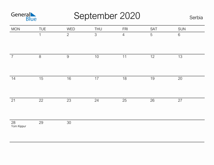 Printable September 2020 Calendar for Serbia