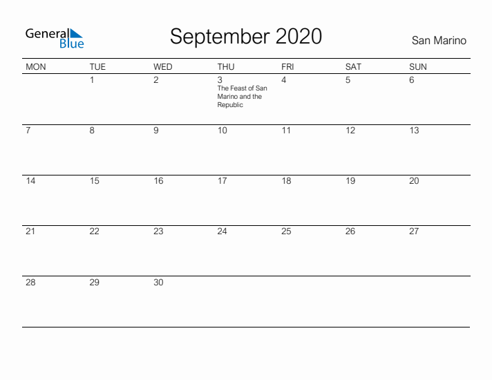 Printable September 2020 Calendar for San Marino