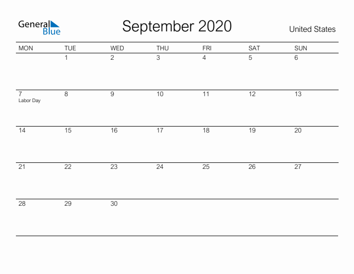 Printable September 2020 Calendar for United States