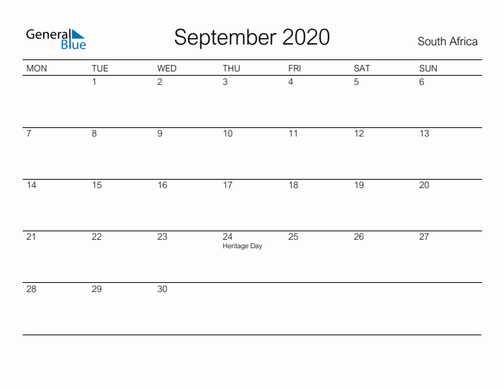 Printable September 2020 Calendar for South Africa