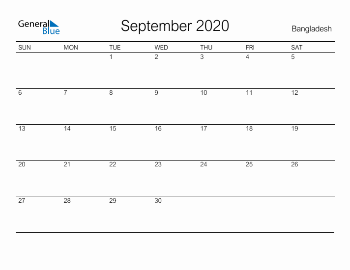 Printable September 2020 Calendar for Bangladesh