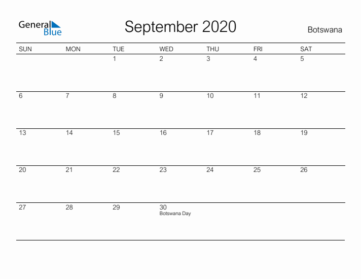 Printable September 2020 Calendar for Botswana