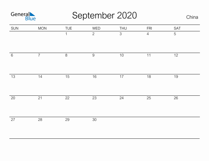 Printable September 2020 Calendar for China