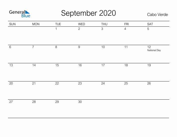 Printable September 2020 Calendar for Cabo Verde