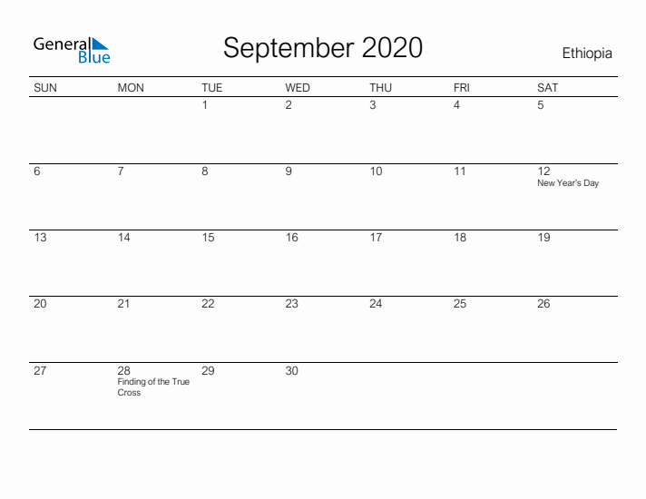 Printable September 2020 Calendar for Ethiopia