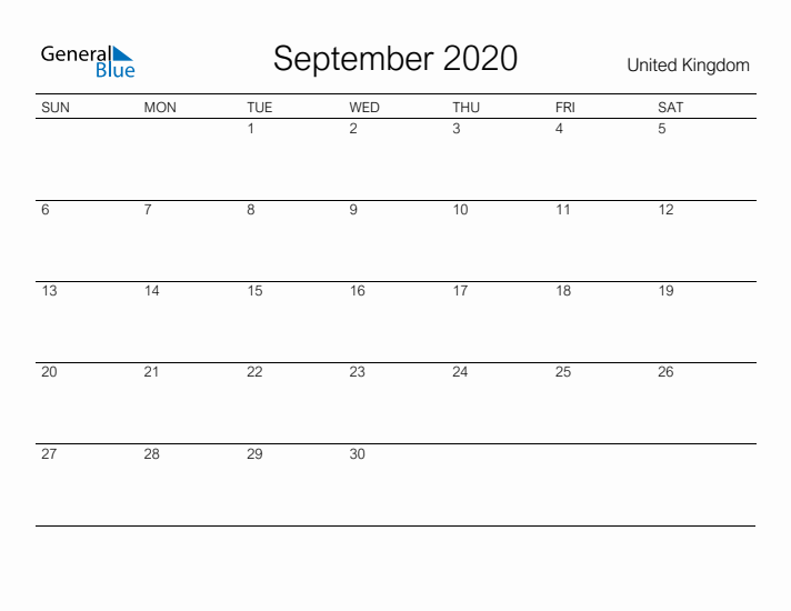 Printable September 2020 Calendar for United Kingdom