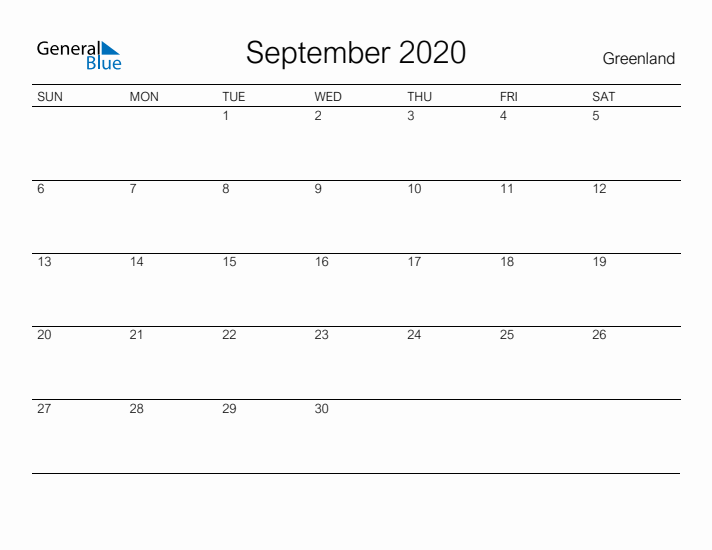 Printable September 2020 Calendar for Greenland