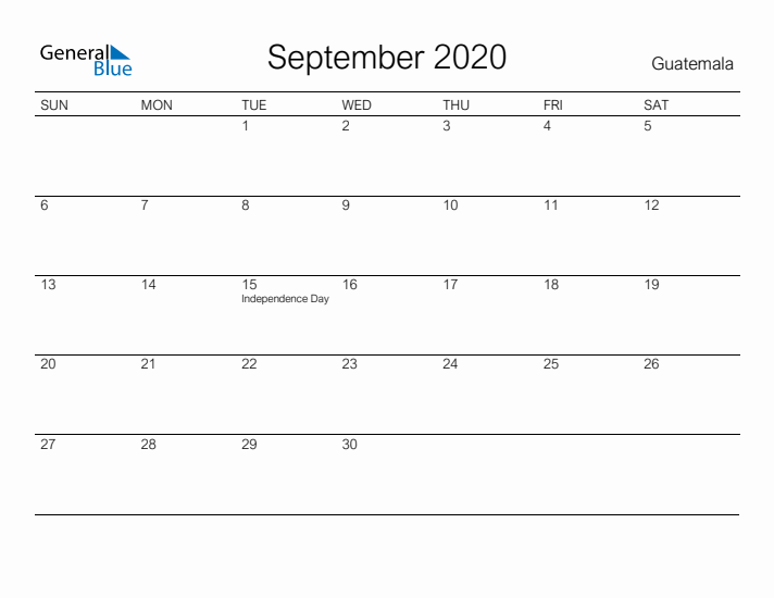 Printable September 2020 Calendar for Guatemala