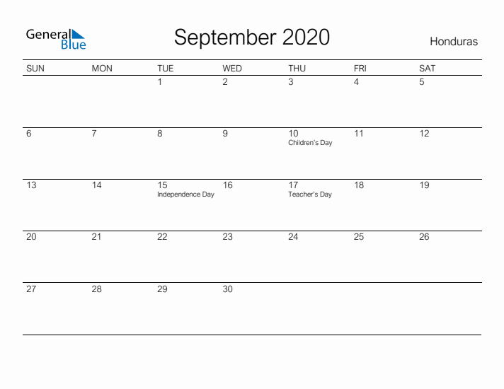 Printable September 2020 Calendar for Honduras