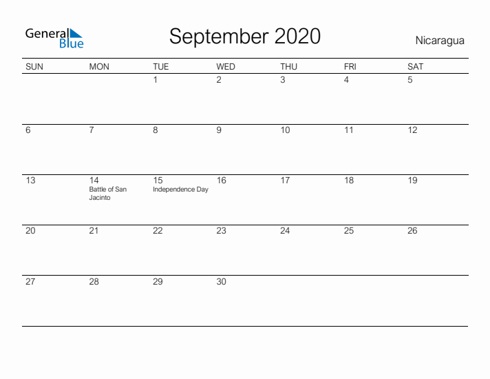 Printable September 2020 Calendar for Nicaragua