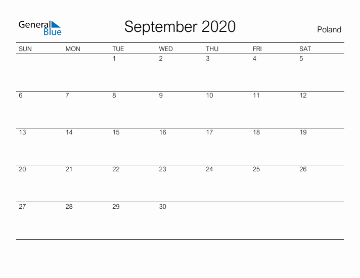 Printable September 2020 Calendar for Poland