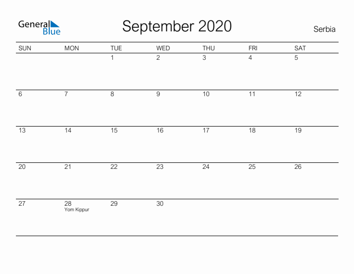 Printable September 2020 Calendar for Serbia