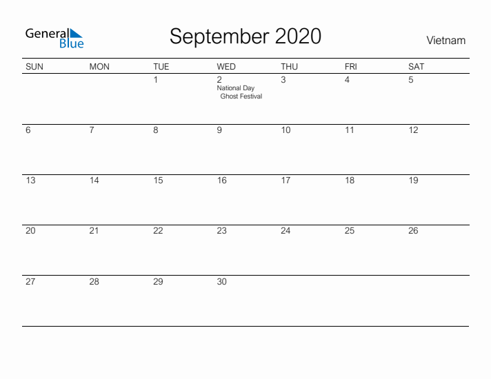 Printable September 2020 Calendar for Vietnam