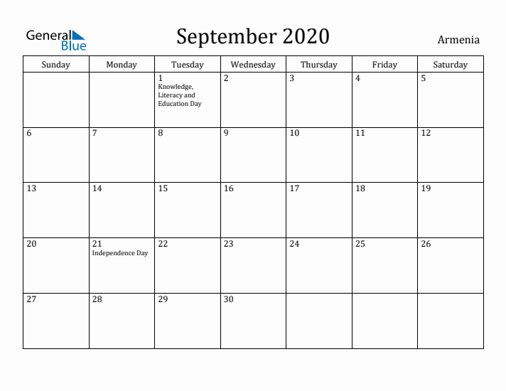 September 2020 Calendar Armenia