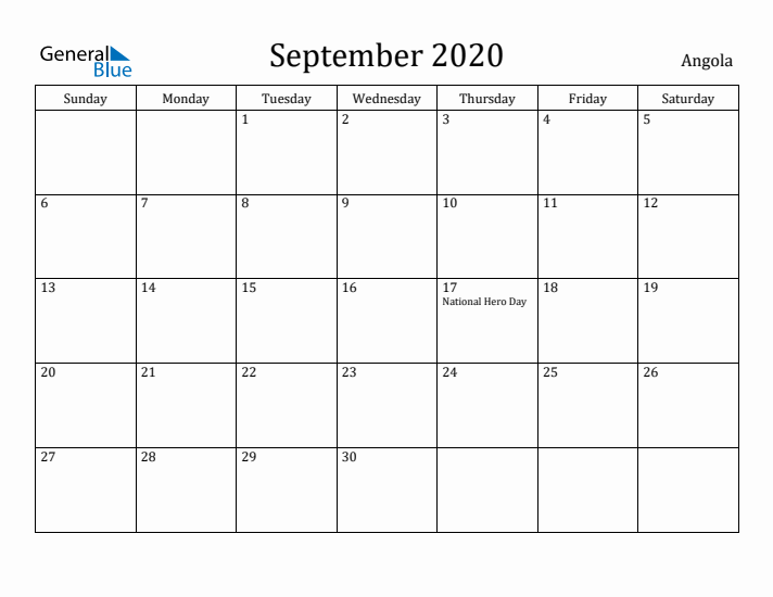 September 2020 Calendar Angola