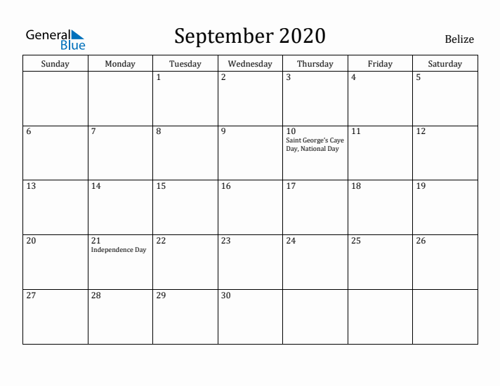 September 2020 Calendar Belize