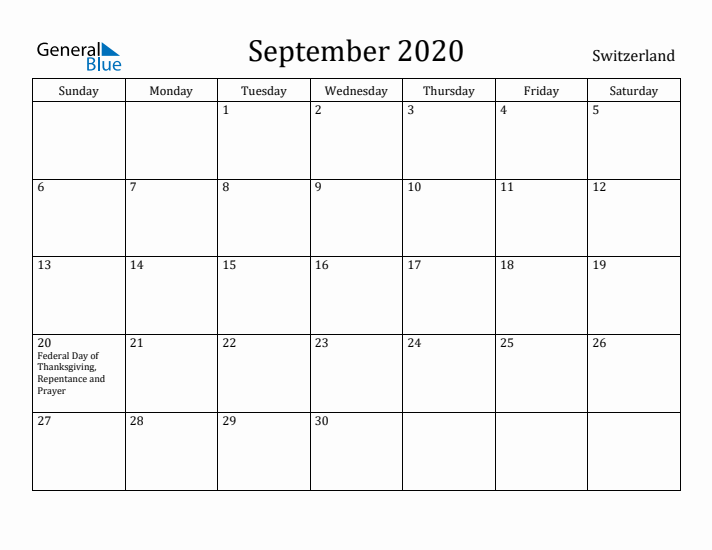 September 2020 Calendar Switzerland