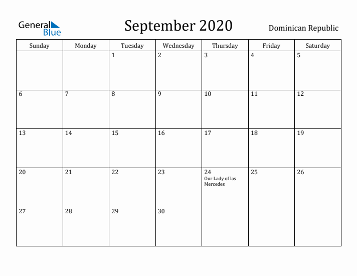 September 2020 Calendar Dominican Republic