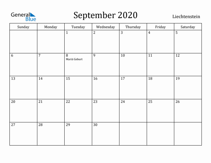 September 2020 Calendar Liechtenstein