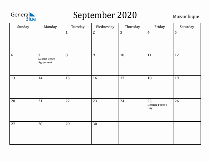 September 2020 Calendar Mozambique