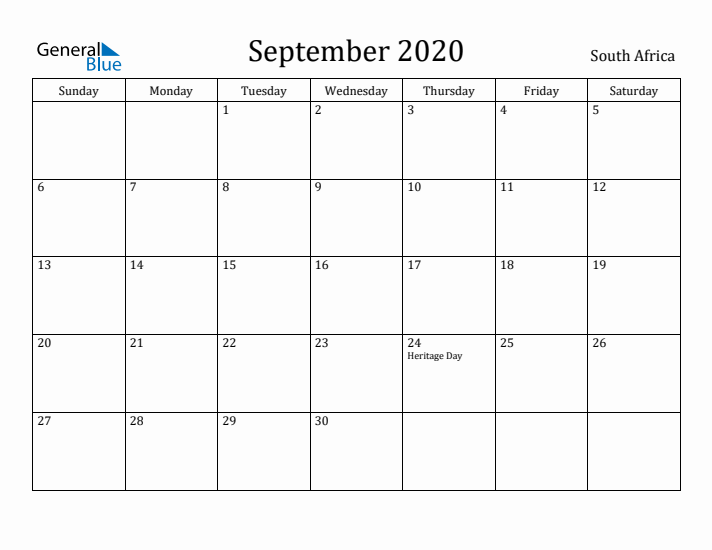 September 2020 Calendar South Africa