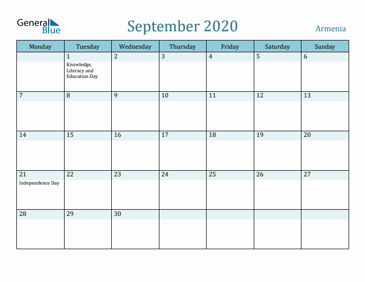 September 2020 Calendar with Holidays