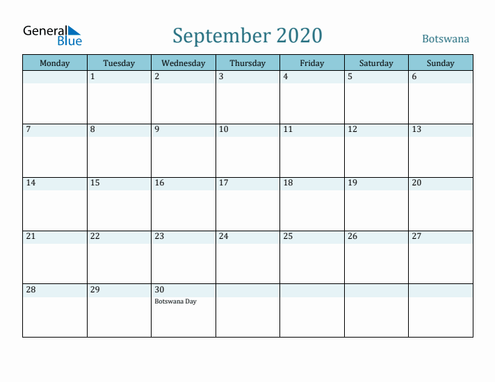 September 2020 Calendar with Holidays