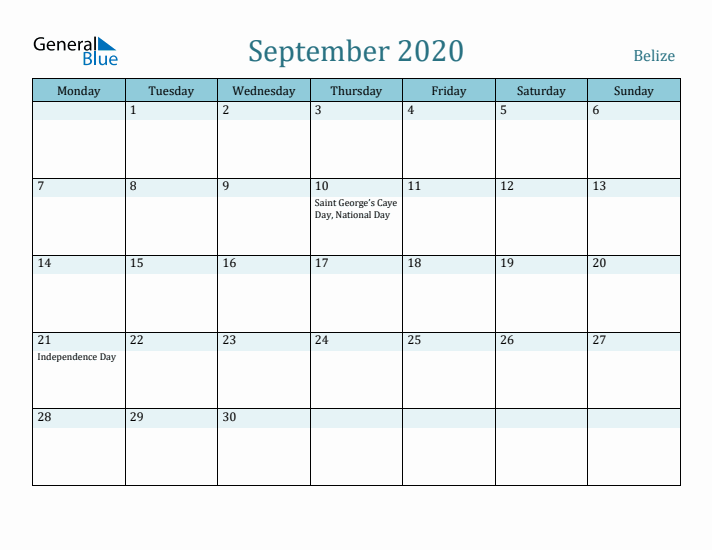 September 2020 Calendar with Holidays