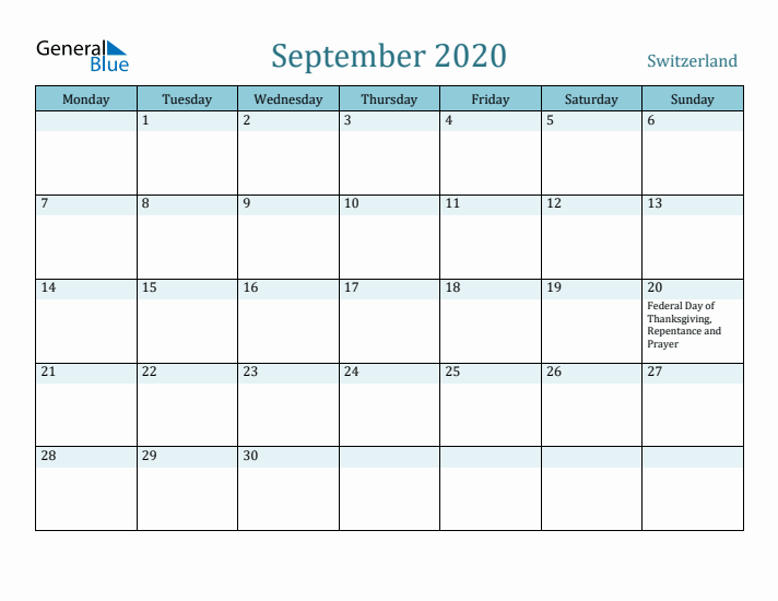 September 2020 Calendar with Holidays