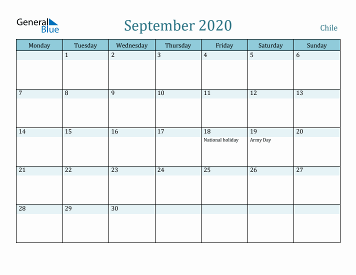 September 2020 Calendar with Holidays