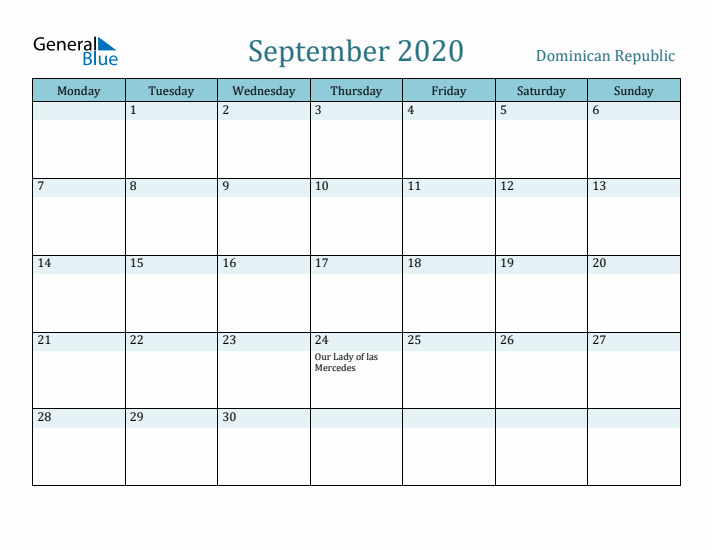 September 2020 Calendar with Holidays