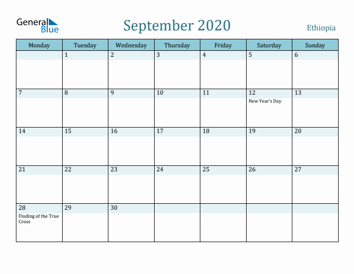 September 2020 Calendar with Holidays