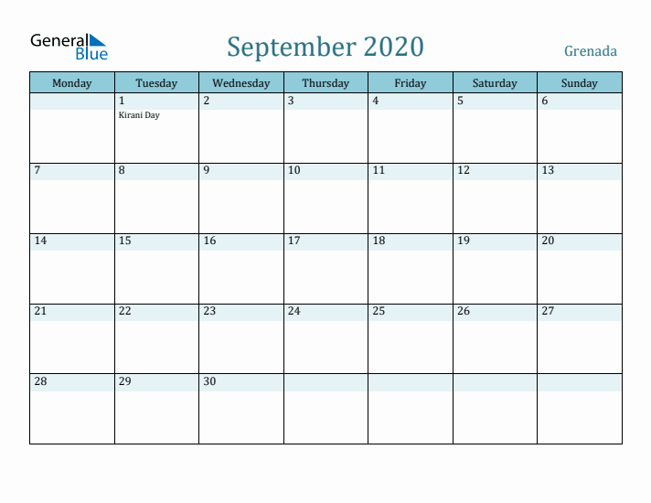 September 2020 Calendar with Holidays