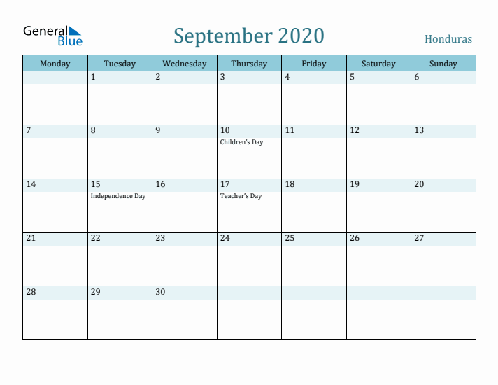 September 2020 Calendar with Holidays