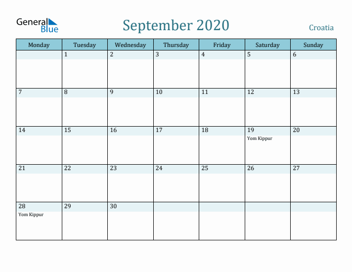 September 2020 Calendar with Holidays